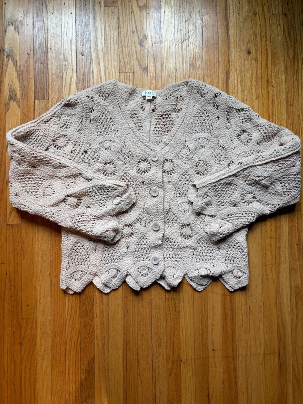POL Crochet Scalloped-Edge Cardigan in Light Cream